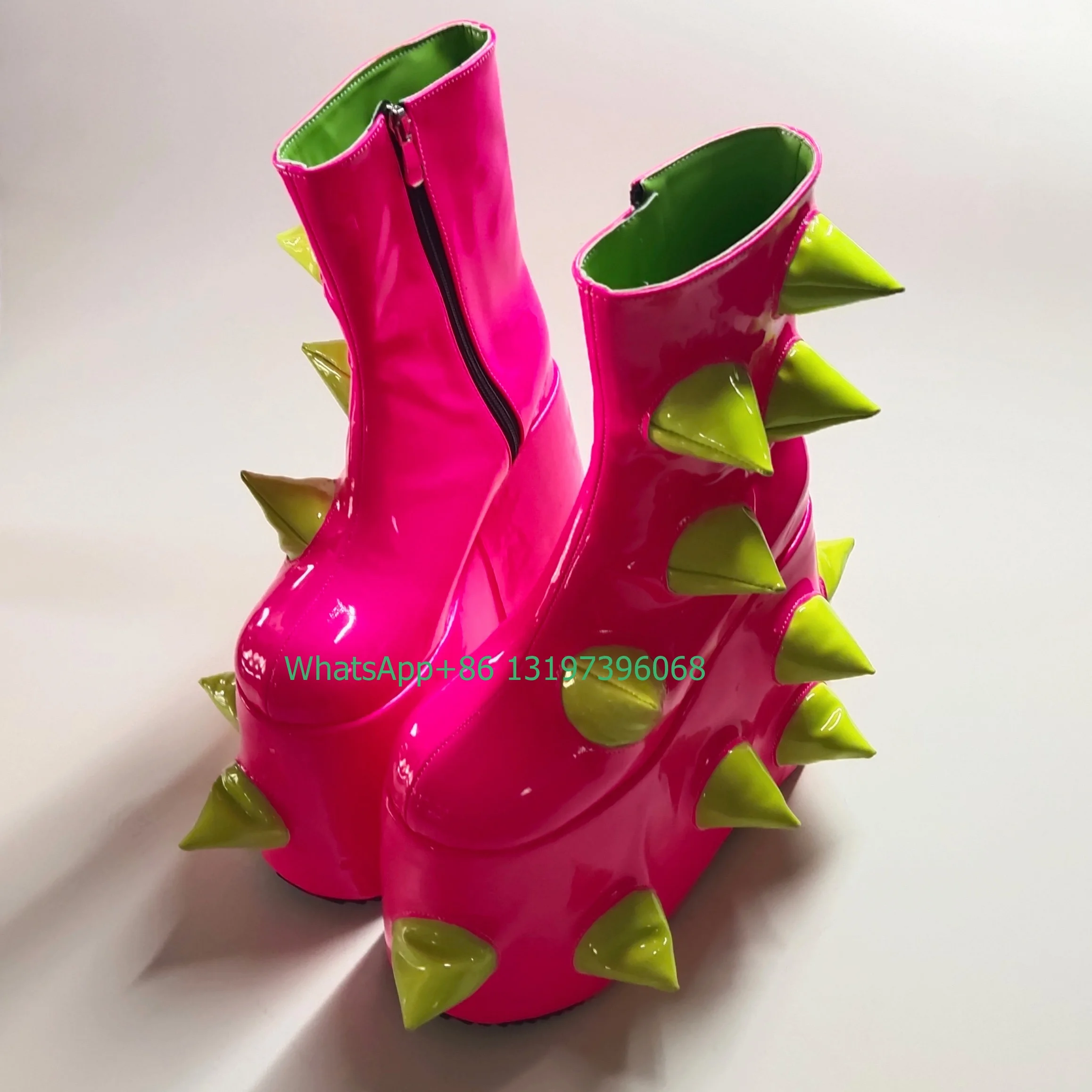 Lady hot pink neno green platform boots leather mirror PU design ankle boots rock punk gothic platform booties footwear size 46