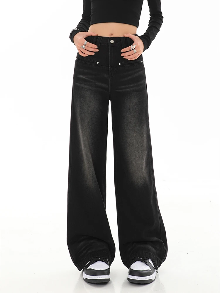 

Women's Vintage Baggy Gothic Black Jeans Streetwear Y2k High Waist Denim Pants Harajuku Punk 90s 2000s Wide Leg Cowboy Trousers