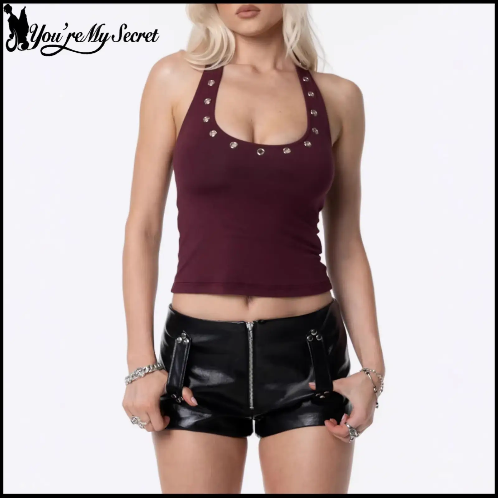 2026 Summer Y2k Slim Fit Burgundy Women's Crop Top Punk Style Metal-Eyelet Collar Camisole Sexy Night Club Grey Female Outfits