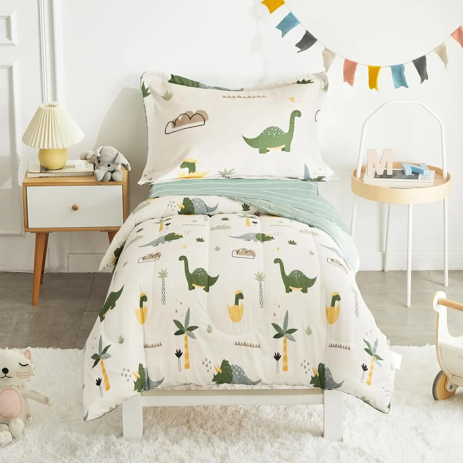 

4-Piece Dinosaur Toddler Bedding Set, Cotton Comforter Sheet with Green Dinosaurs Print for Kids Boys and Girls