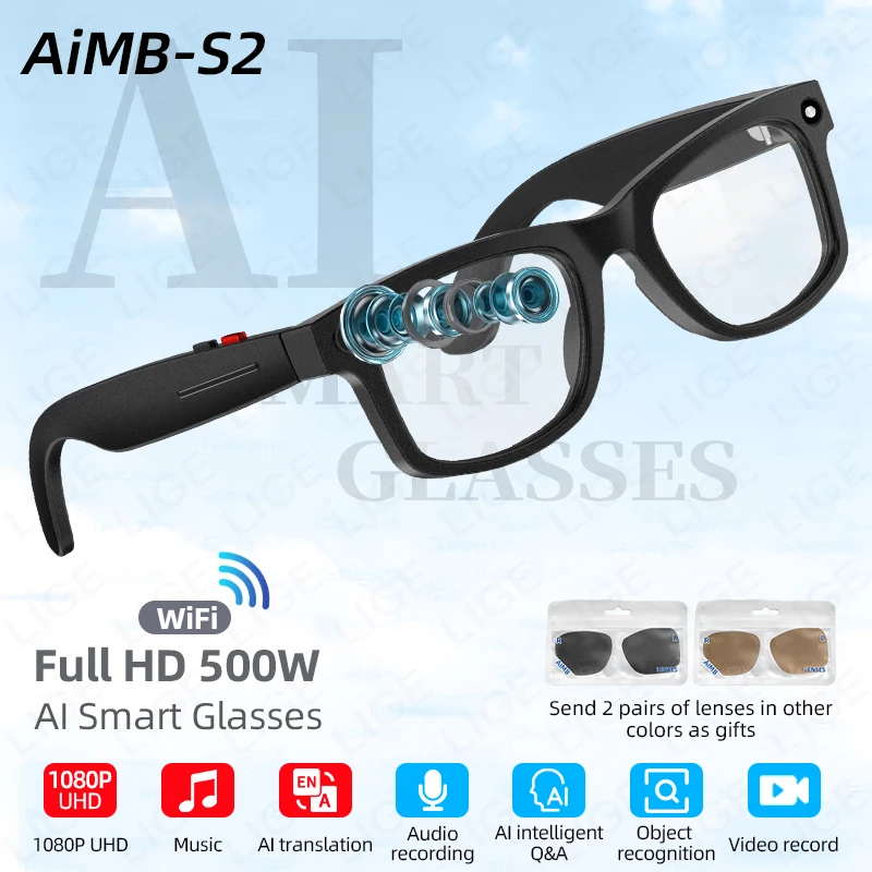 

LIGE New Smart AI Glasses With Camera 1080P HD Video Record Object Recognition Chat Bluetooth Call Translation Music Sunglasses