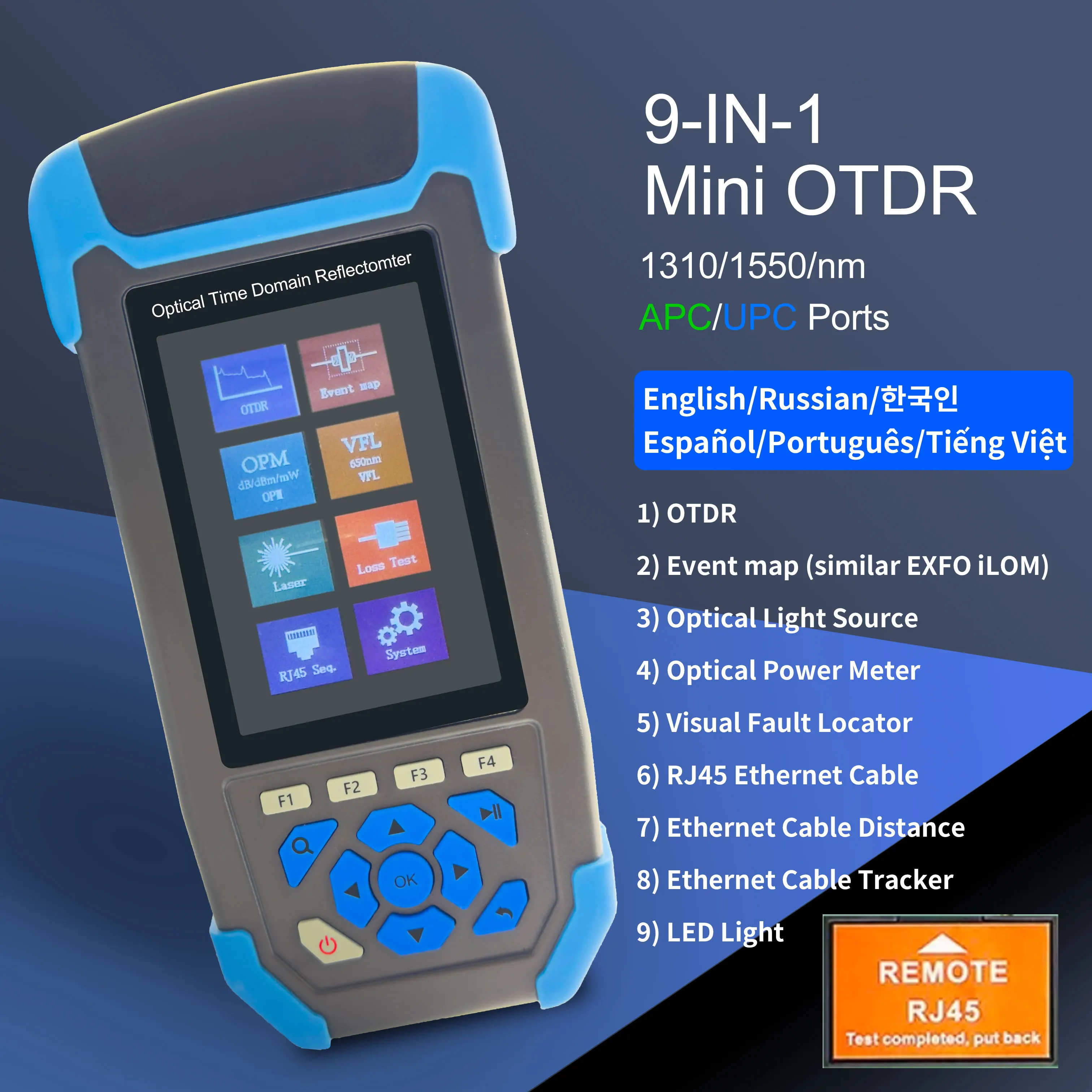 

Mini Pro OTDR русский языкволоконно-оптический рефлектометр 9IN1 1310/1550 нм с fiber laser VFL OLS OPM Карта событий 24/22 дБ для тестера 60 км ftth Волоконно-оптические инструменты