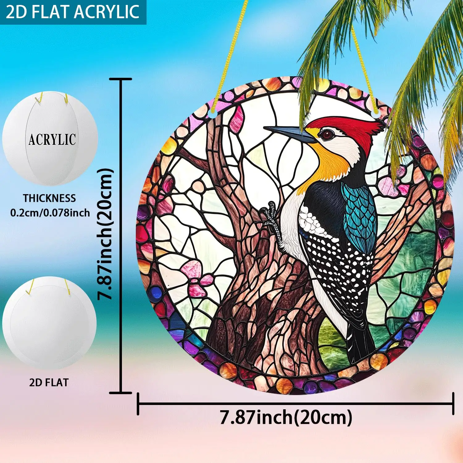 Acrylic Painting Stained Glass Style Vibrant Woodpecker with Red Crest Perched on Tree Trunk Plastic Window Hanging Suncatcher,