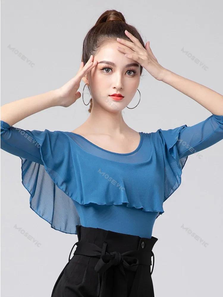 Tops de baile latino para mujer, Top elegante con volantes, ropa de traje de línea ajustada, Color liso, flamenco