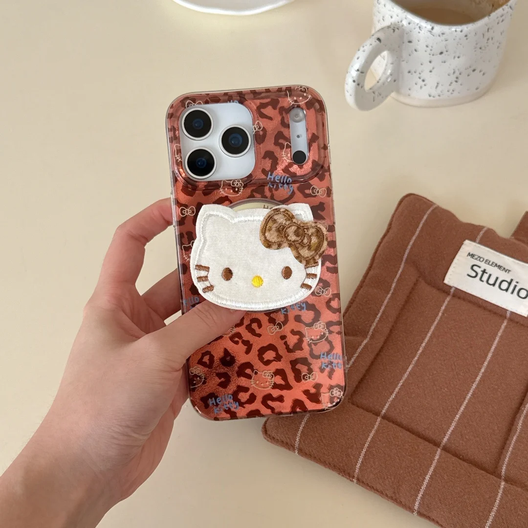 

Red Brown Leopard Print HelloKitty Phone Case For iPhone 17 16 16E 15 14 13 Pro Max XS XR Magsafe Magnetic Wireless Charge Cover