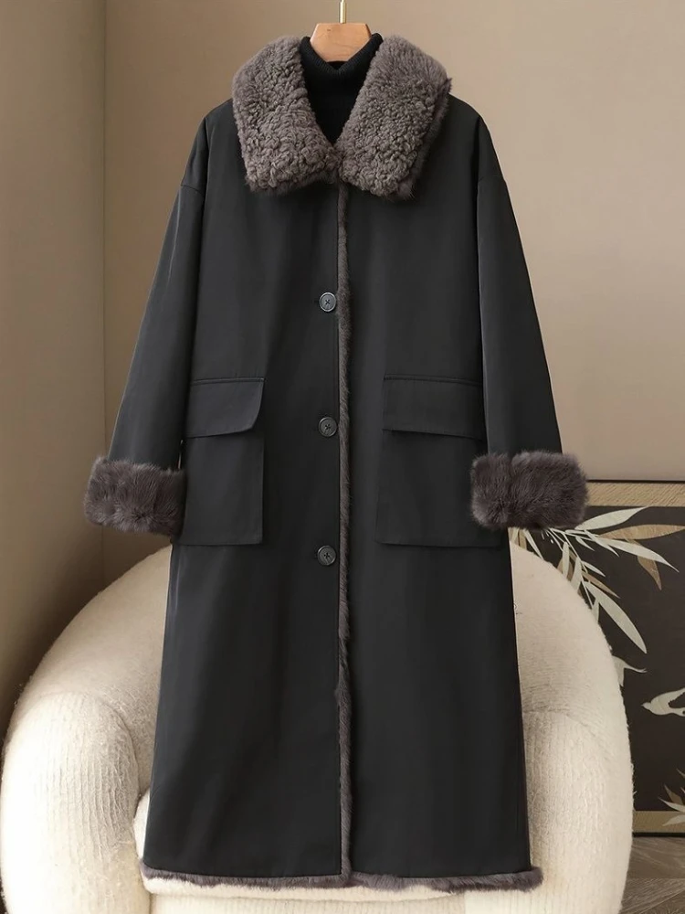معطف فرو أرنب على الوجهين لعام 2025 معطف نسائي شتوي X-طويل سترات سميكة دافئة برقبة صوف معطف نسائي ملابس خارجية #6