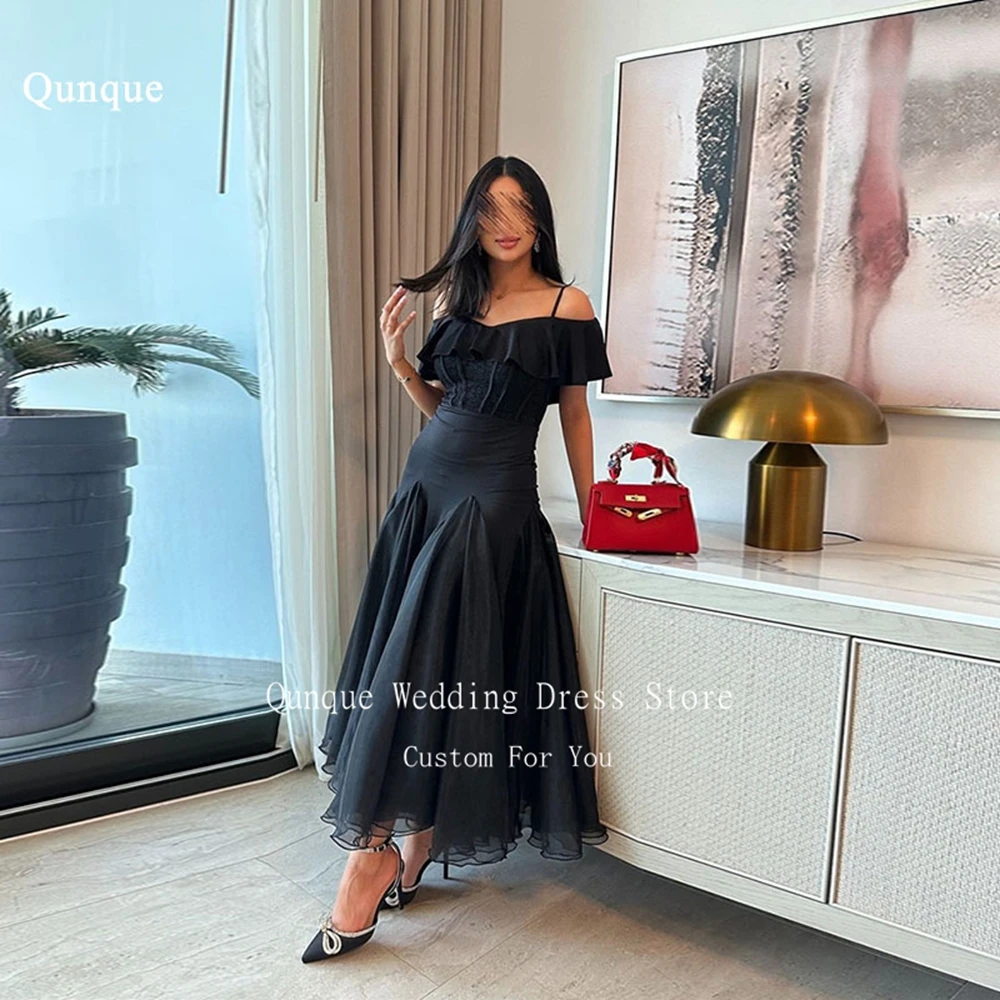 

Qunque Black Saudi Arabia Prom Dresses Spaghetti Straps Mermaid Evening Dresses With Lace Customized Long Party Dresses Vestido