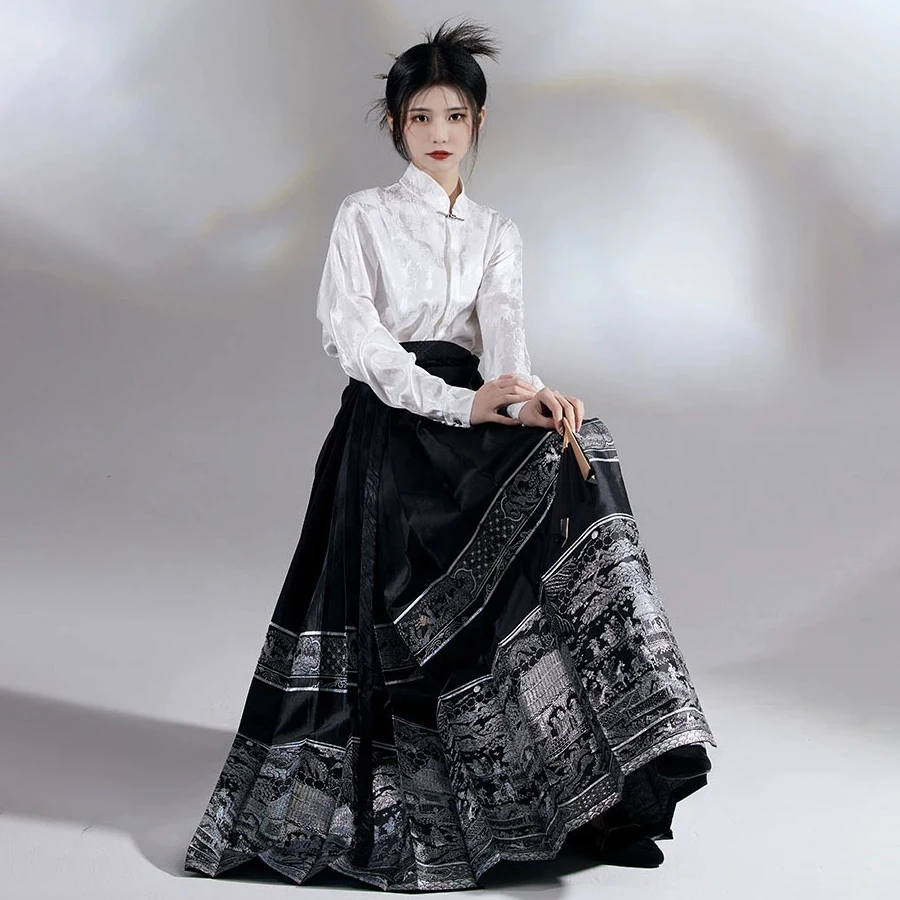 M Dynastie Hanfu Paard Gezicht Rok Vrouwen Plooien Rok Zwart Wit Shirt Rok Sets Chinese Traditionele Hanfu Rok Plus Size