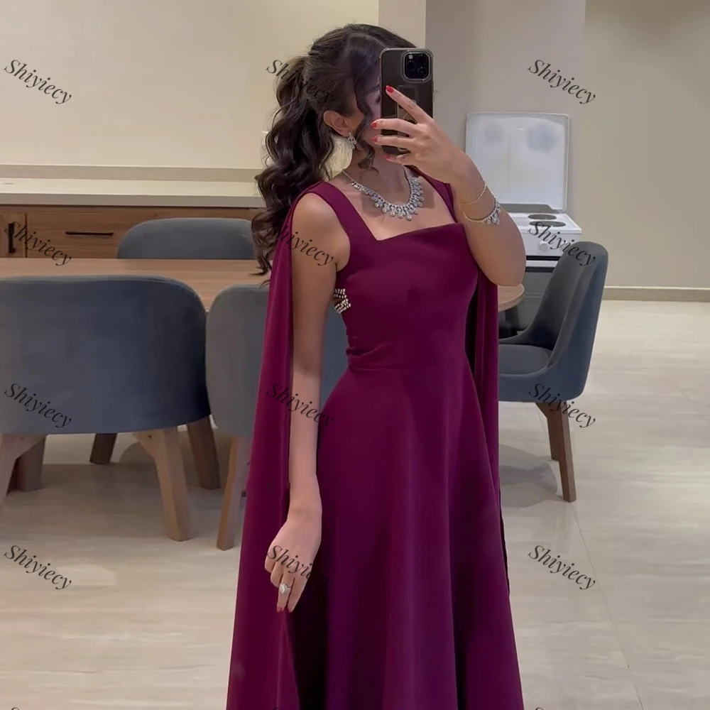 Shiyiecy A-Line Jersey Evening Dress Elegant Square Collor Watteau Crystal Prom Gowns Floor Length Special Occasion Dress 2024