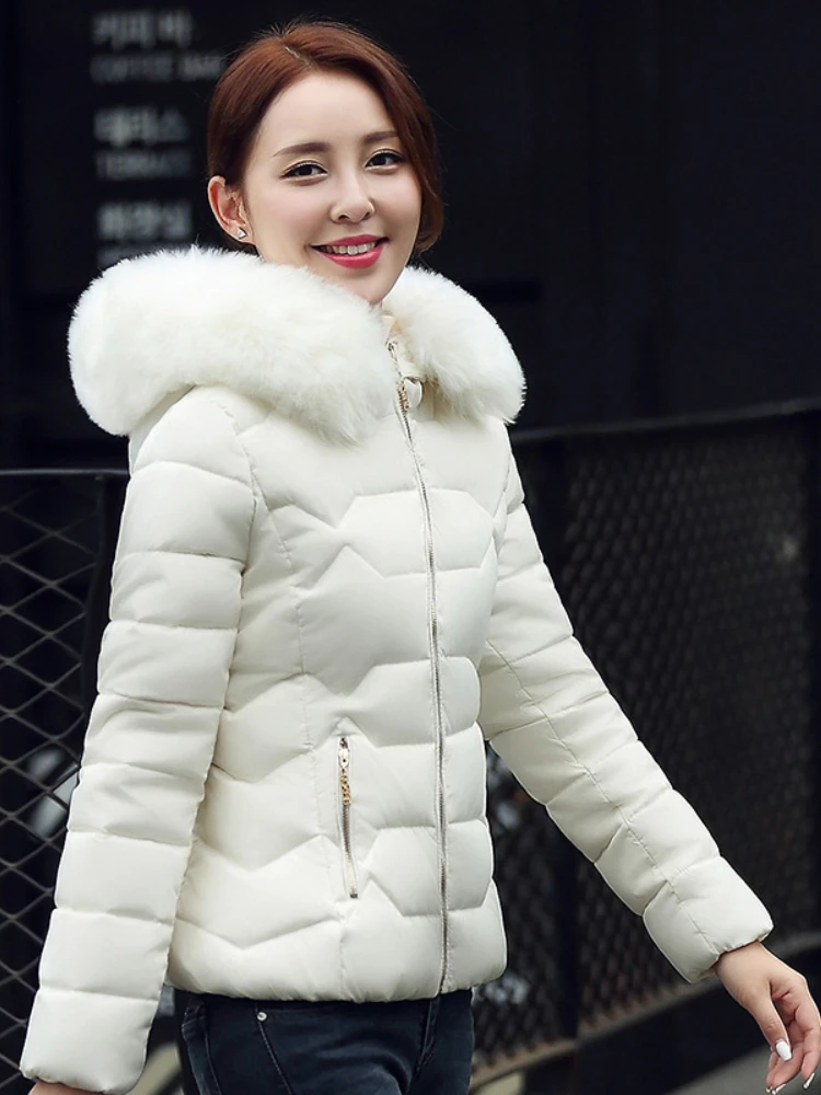 Women\'s Winter Jacket Padding Down Cotton Jacket New Korean Fashion Parkas Hooded Short Fur Collar Coat Warm Winter Coat Women