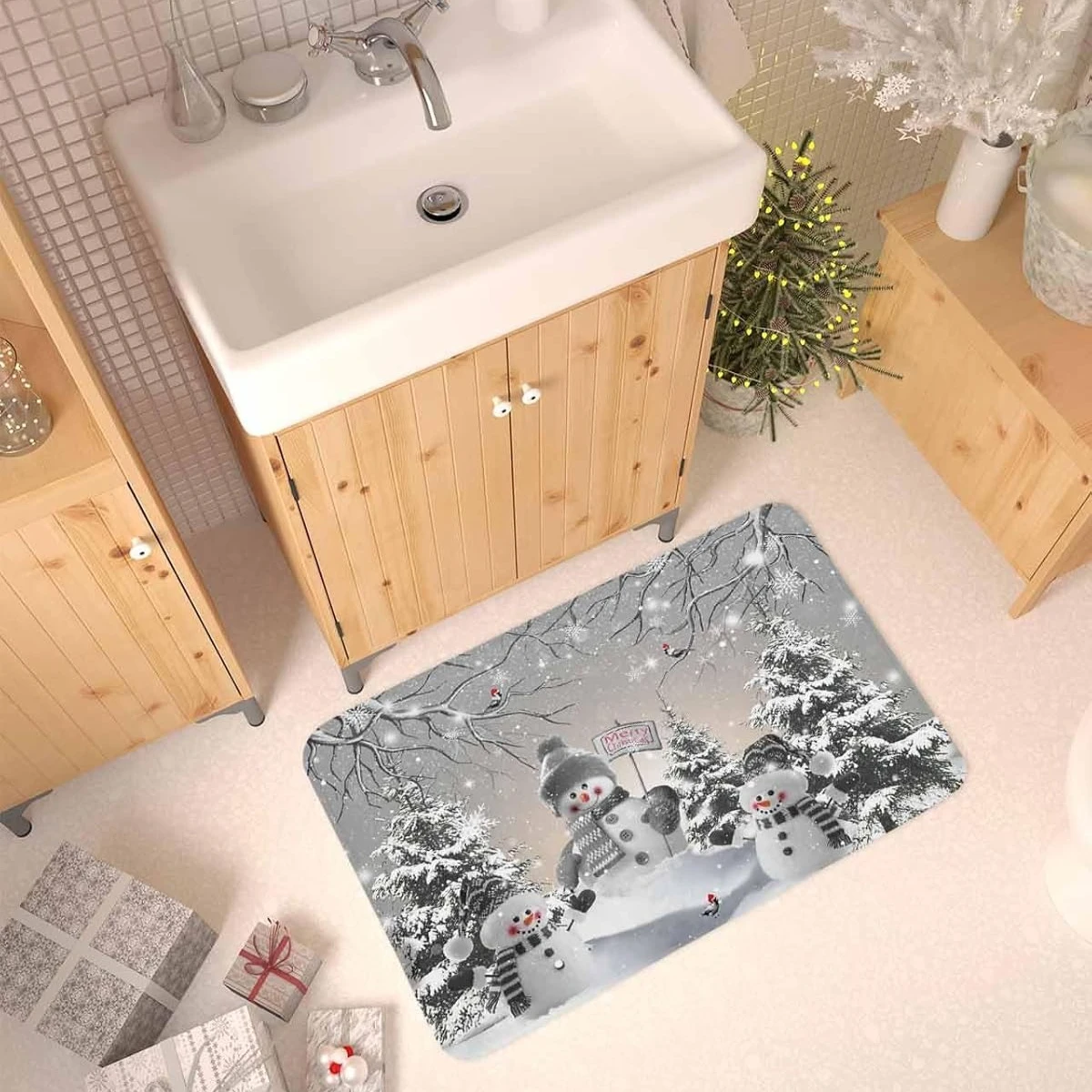 Christmas Snowman Non-slip Door Mat Winter Xmas Tree Snowflake Branch Living Room Bedroom Kitchen Bath Rug Christmas Decorations