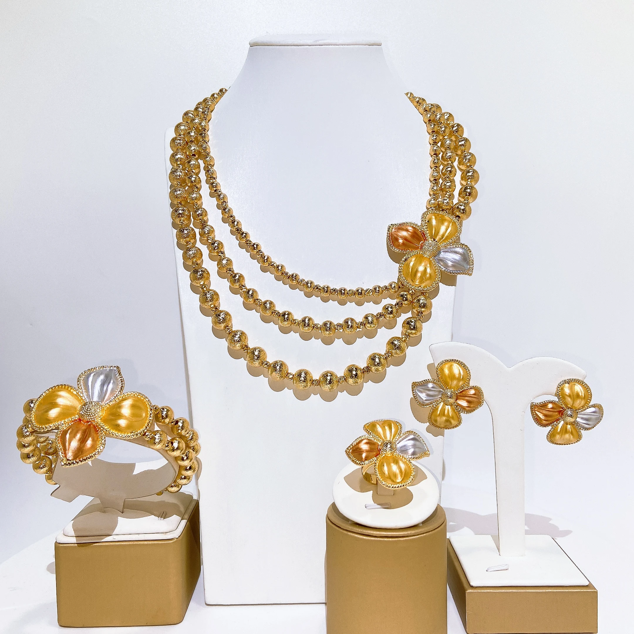 Dubai African 4‑Strand Beaded Jewelry Set Flower Pendant Necklace Earrings Bracelet Ring, Women Bridal Wedding Party Gold‑Plate