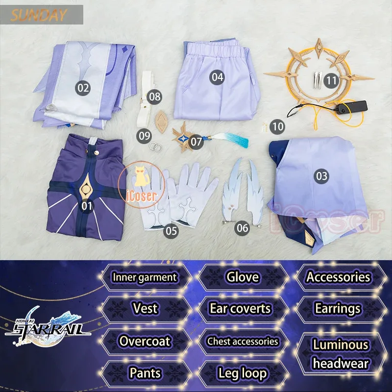 iCoser Honkai Star Rail Sunday Cosplay Costume Wig Uniform Luminous Headwear Rings Earrings Halloween Party for Women Men Props