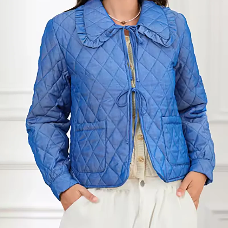 

Модное хлопковое пальто с воротником Питера Пэна и длинными рукавами, осень-зима, новая теплая куртка с ромбовидным принтом, однотонное пальто на шнуровке для отдыха