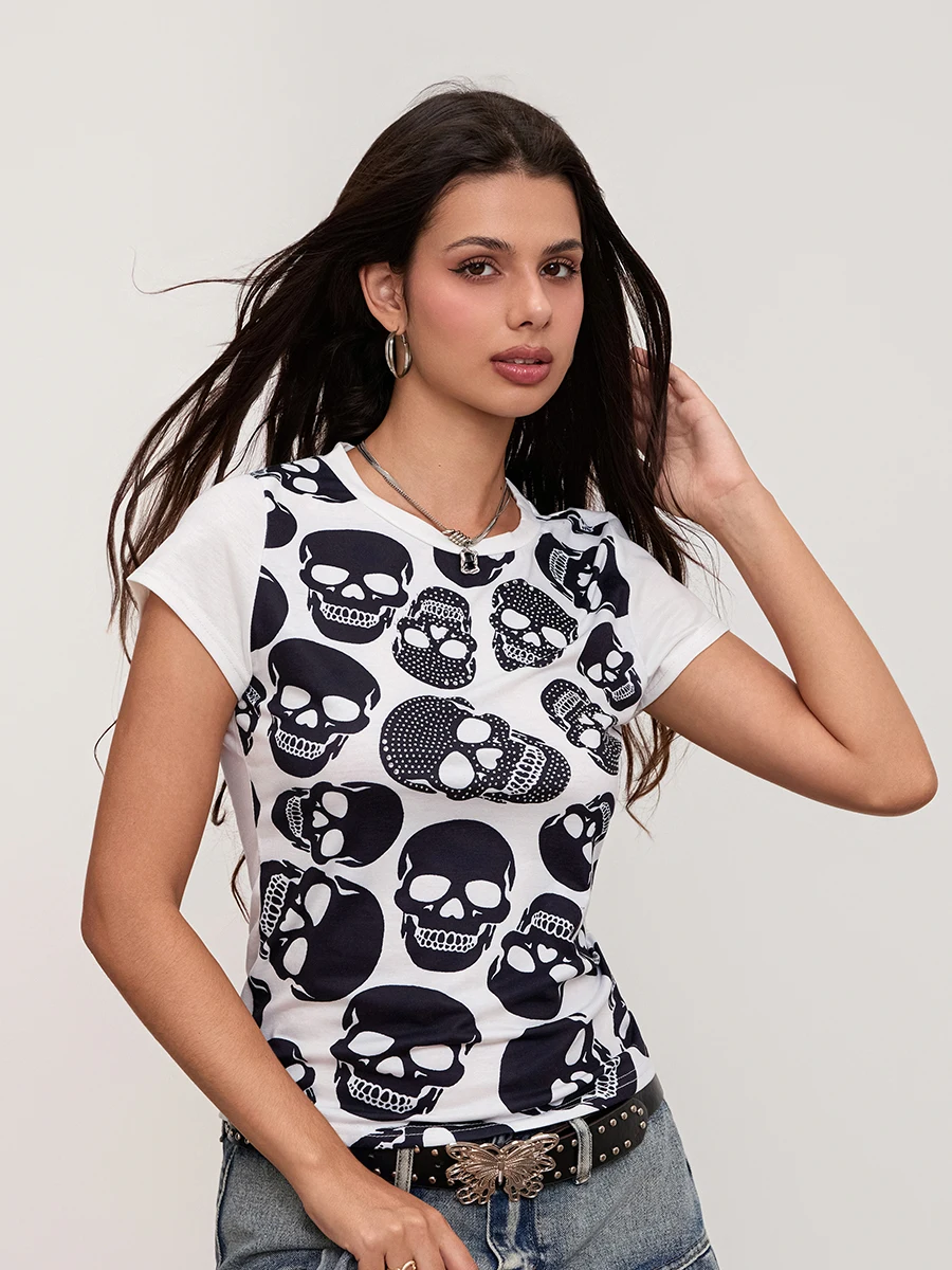 Women s Summer  Tops Short Sleeve Round Neck Skull Print Rhinestone T-shirts