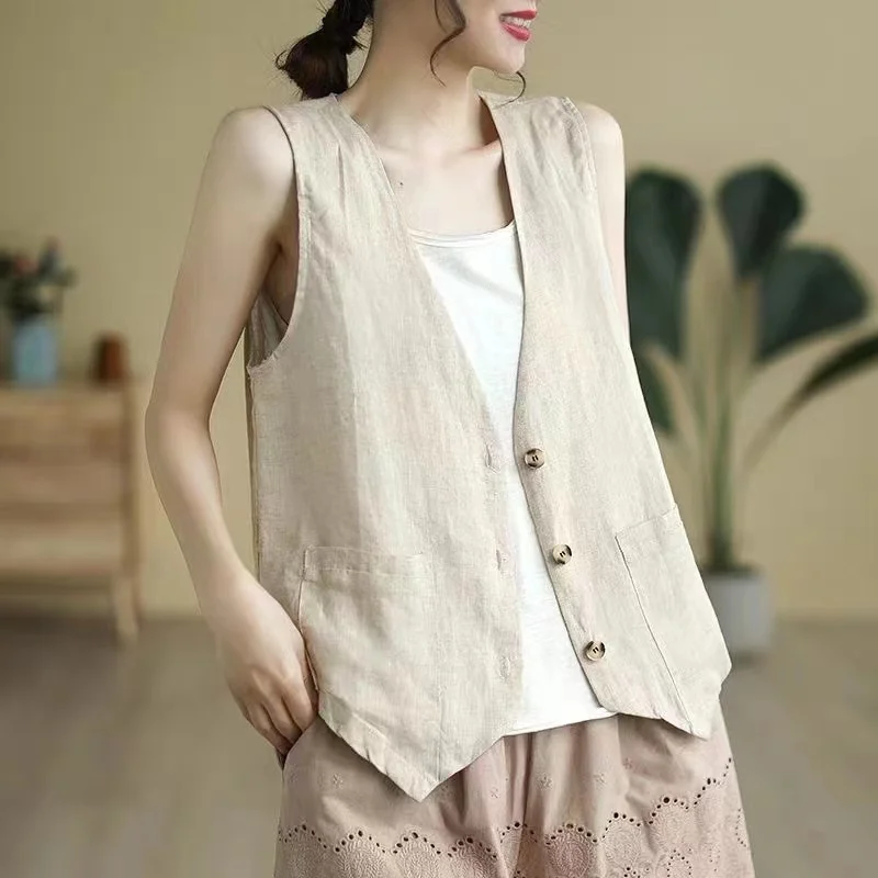 2024 Retro Loose Waistcoat Lady Outerwear Single Row Buckle Cardigan Vest Women Coat Solid Color Short Sleeveless Female Jacket