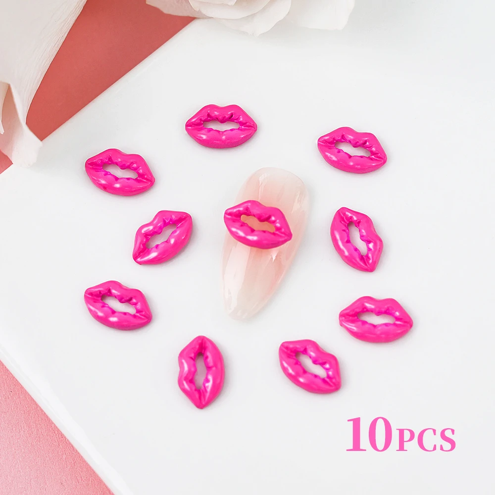 10 Stuks Rood/Roze Luxe Lippen 3d Nail Charmes Romantische Valentijnsdag Charmante Rode Lippen Met Luxe Diamanten Manicure Lippen & * &