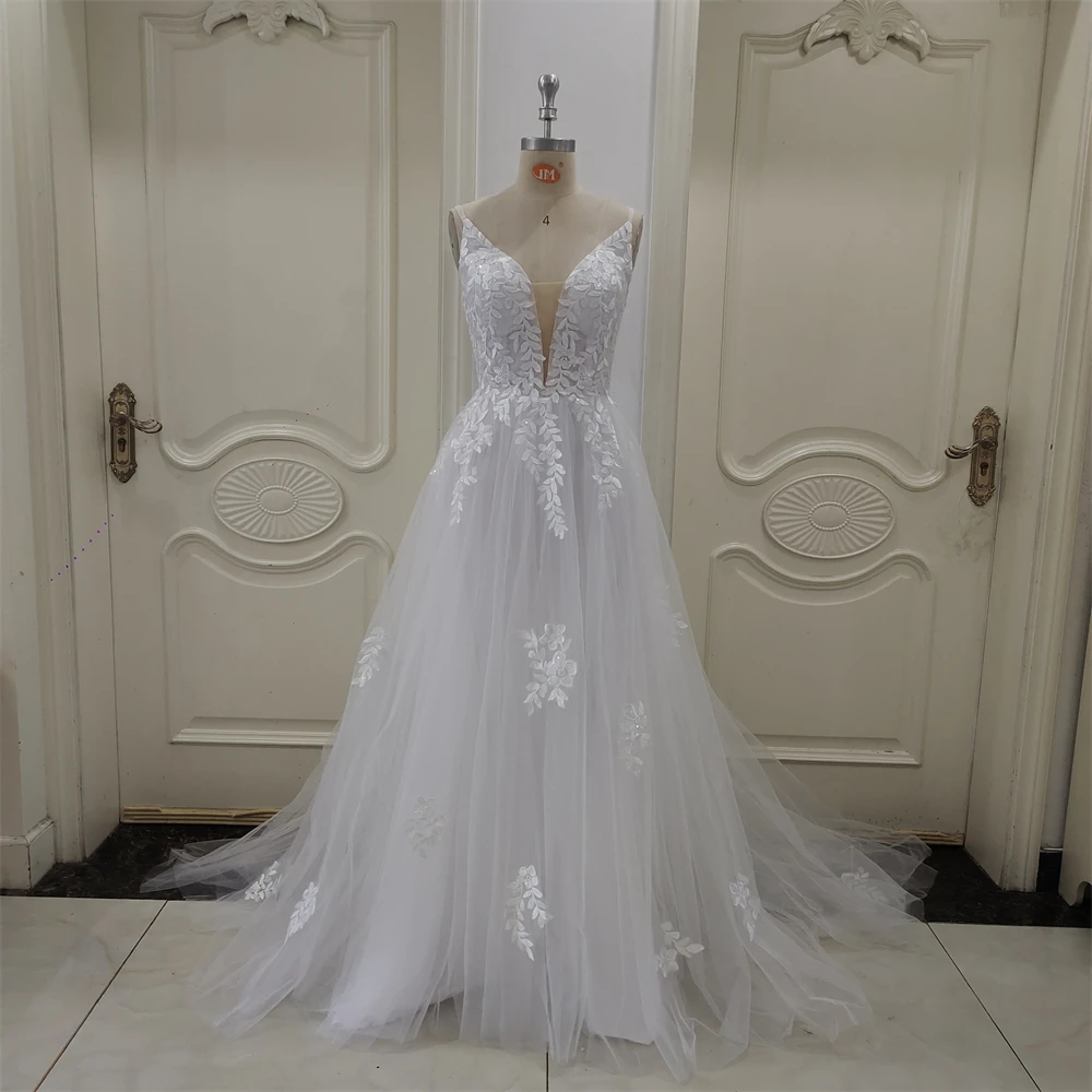 

ZJ6040 Spaghetti Straps Glitter Wedding Dress Women V-Neck Applique Backless Boho Vestidos De Novia Sweep Train