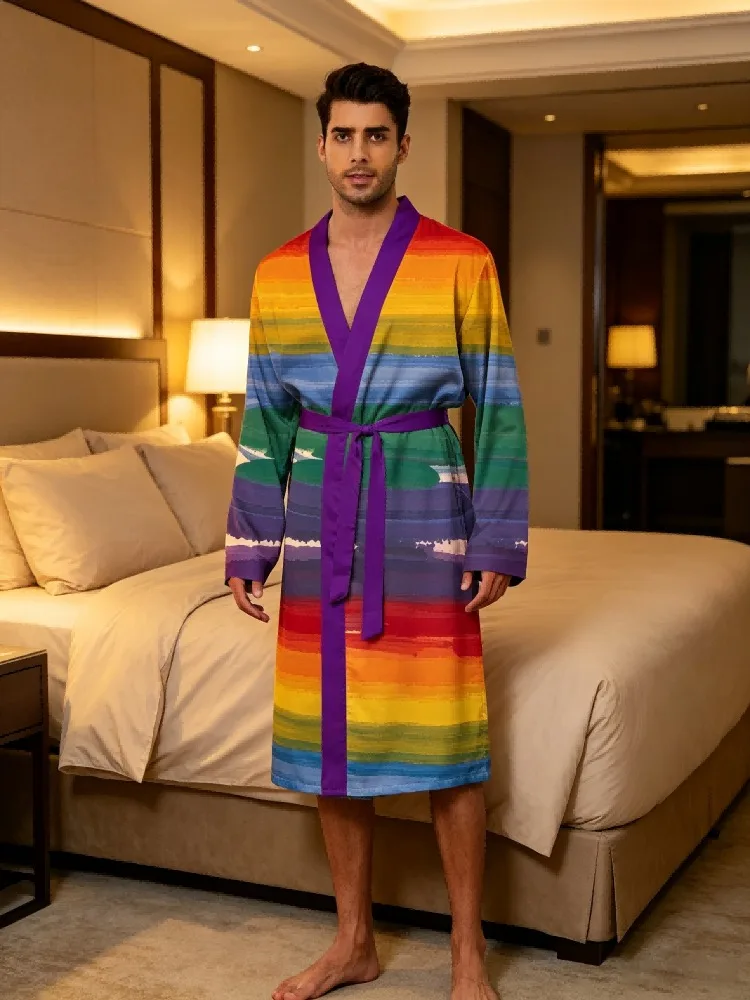 Men's lightweight quick-drying pajama bathrobe - 3D digital printing, non-fading design, stand-up collar and adjustable waistban