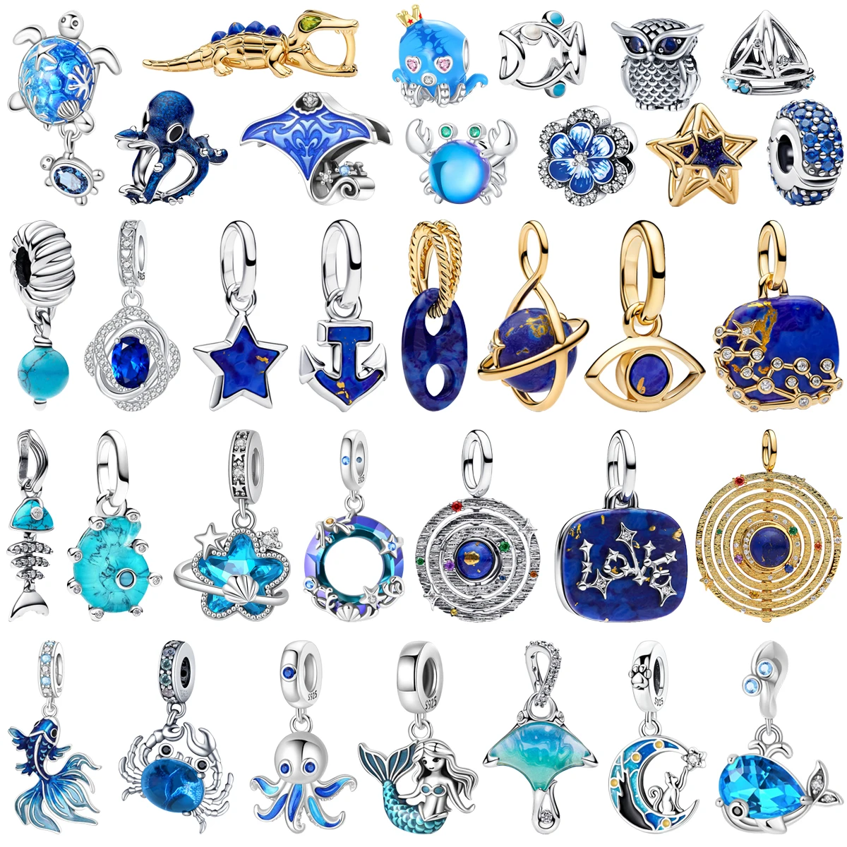 New 925 Sterling Silver Charms Blue Boat Anchor Sea Star Turtle Crab Octopus Fish Bead Pendant Fit Bracelet Necklace DIY Jewelry