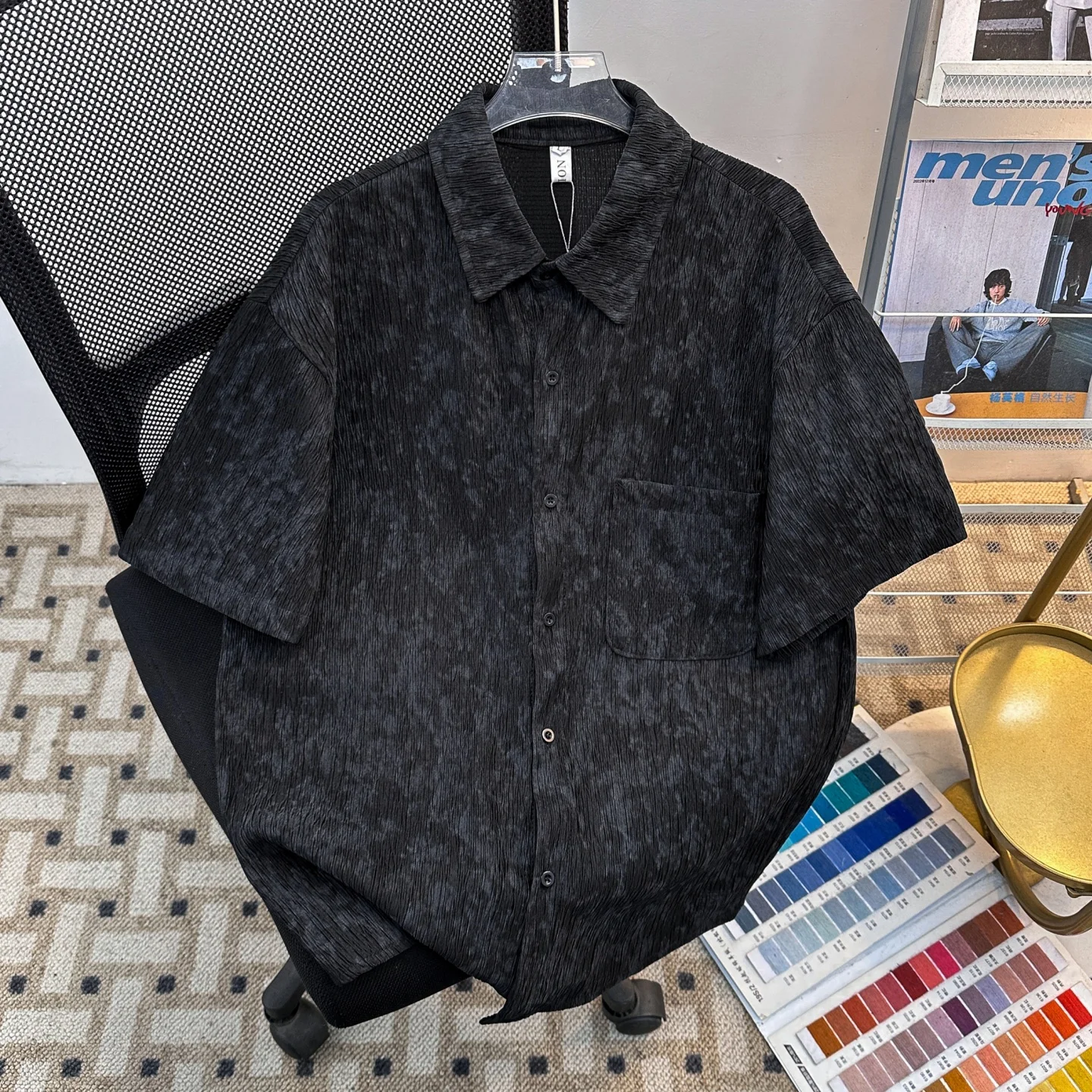 

Textured Dyed Short Sleeve Men's Shirt Summer Trendy Half Sleeve Clothing American Cool High-End Feeling Outerwear for Boys