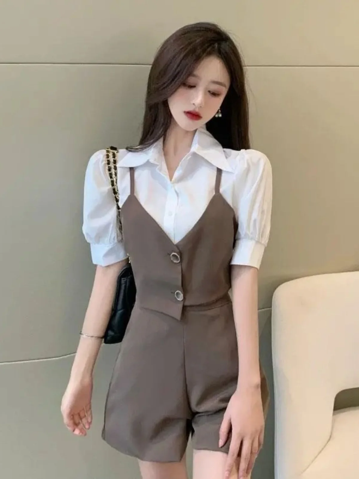 

Модный комплект из рубашки и жилета с высокой талией, коротким рукавом и дизайном в стиле пэчворк, весенне-осенний женский костюм из двух предметов