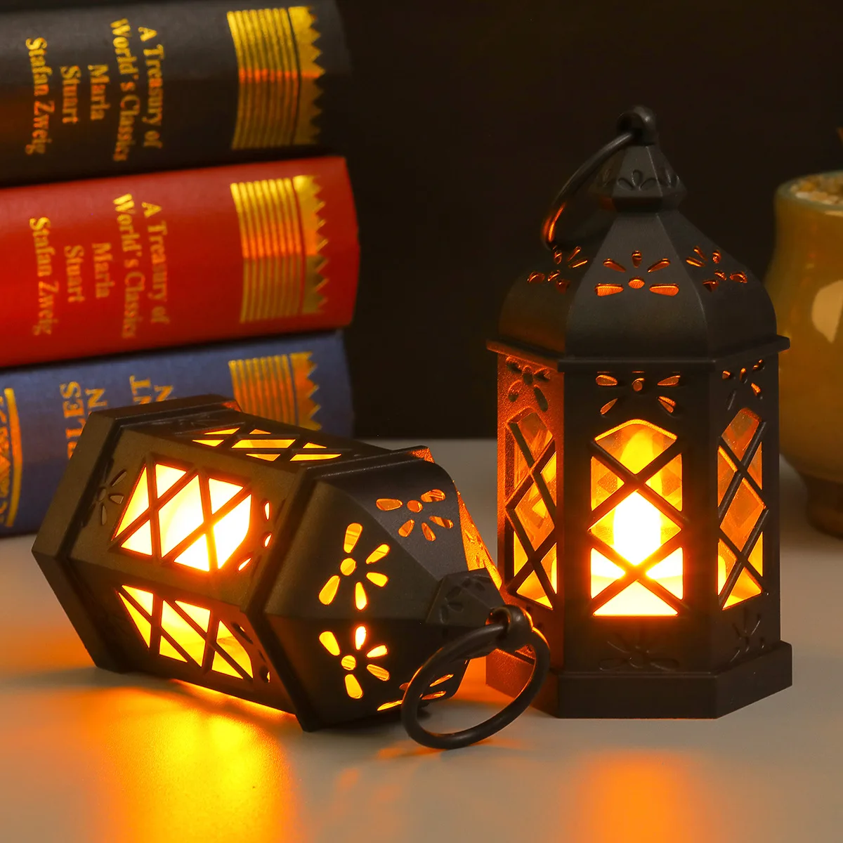 European Ramadan Lamp Mini Plastic Hexagonal Wind Lamp Led Electronic Candlelight Holiday Decoration Christmas Halloween Retro