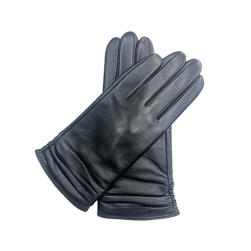 Cross-border European and American Women's Sheepskin Leather Gloves Autumn and Winter Warm and Velvet Simple Wind Touch Screen
