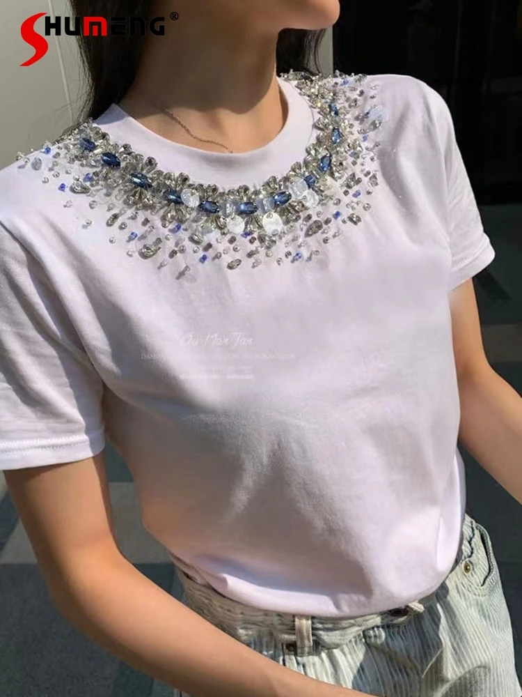 

2024 New Short Sleeve Round Neck T-shirts Beads Rhinestones Beaded Top Princess Style Women's Loose Comfort Nice T-shirt