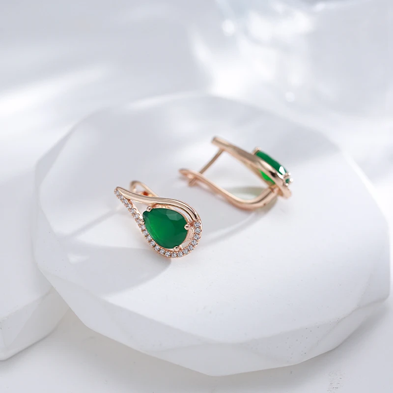 SYOUJYO Dark Green Natural Zircon Water Drop Earrings For Women Bride Wedding Jewelry Trendy 585 Rose Gold Color Dangle Earring