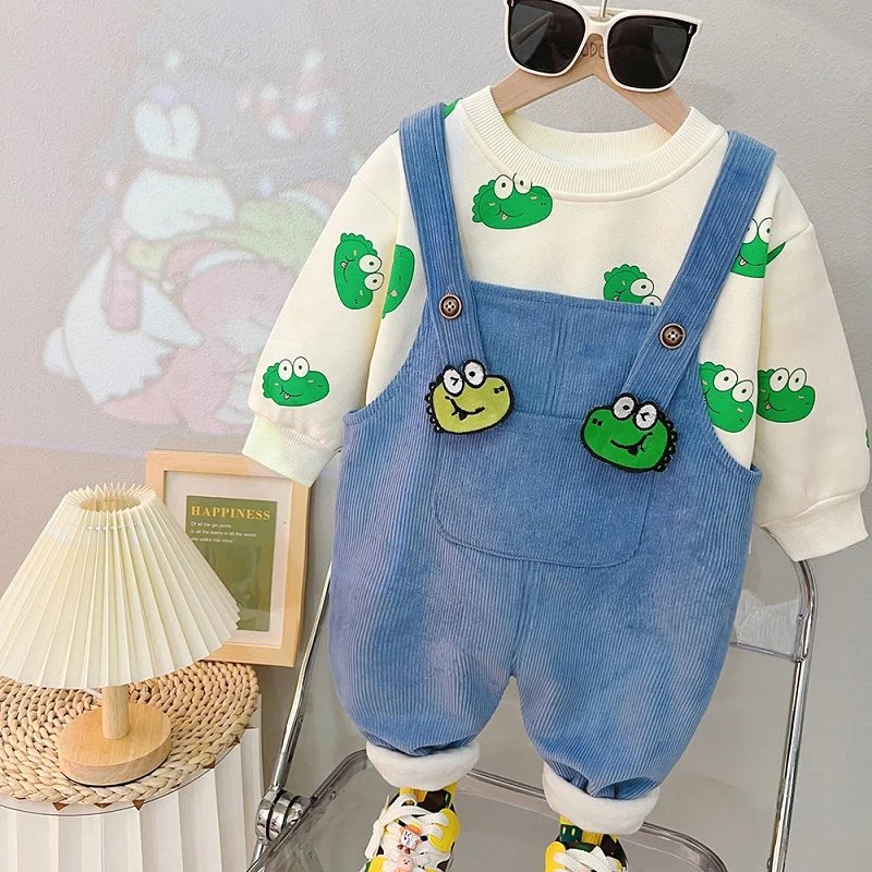 2023 new children\'s cartoon rabbit ear set boys and girls Plush suspender pants two-piece Baby Sweater sportswear