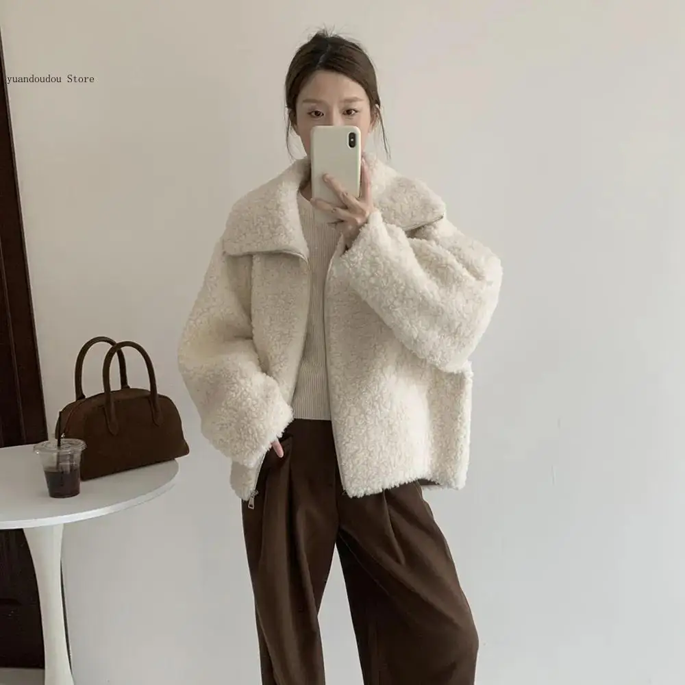 Women's Autumn Winter Loose Casual Velvet Thicken Warm Fur Fur Lambswool Jacket Outerwear for Women Daily Wear