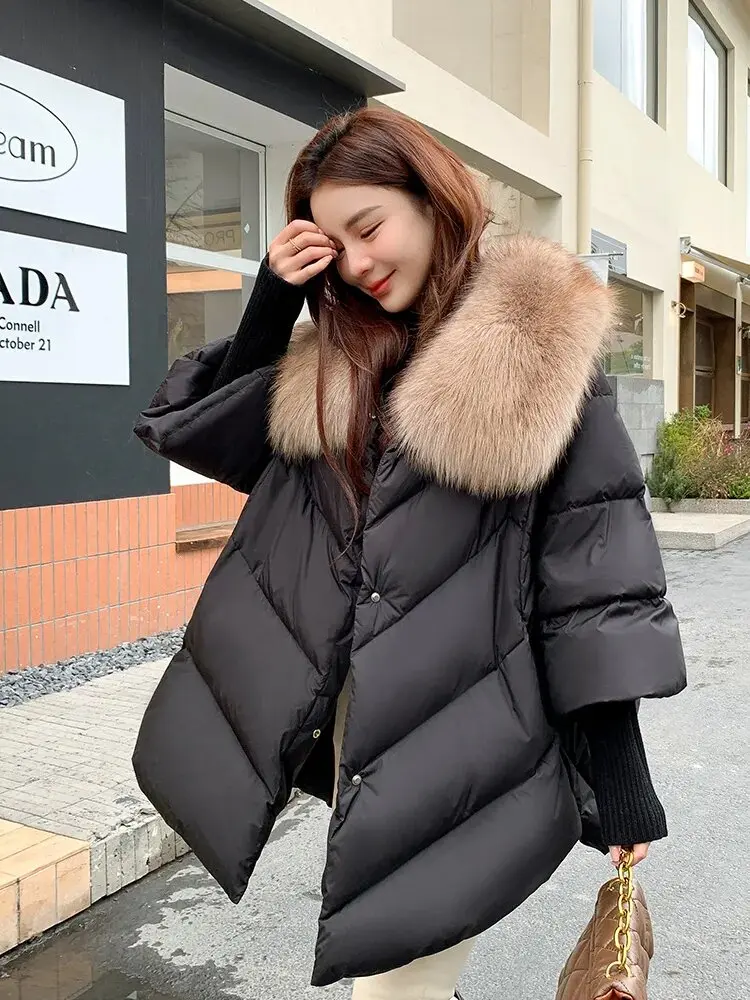 New Female Loose Outerwear Fashion Down Jacket Overcoat Women Winter Coat 90% White Duck Down Jacket With Big Woolen Collar Coat