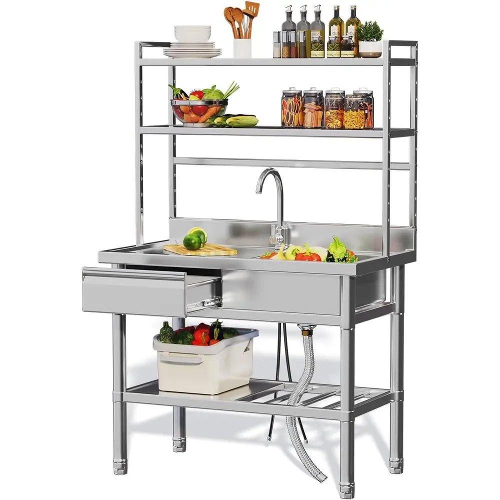 

Commercial Stainless Steel Utility Sink with Shelves and Faucet, Freestanding Single Bowl for Kitchens, Includes Water Pipes, Su