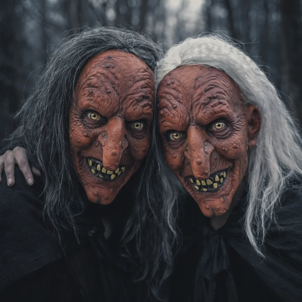 Halloween Horror Latex Mascara Terror Realista Creepy Witch Mask with Yellow Teeth Headpiece for Costume or Haunted House