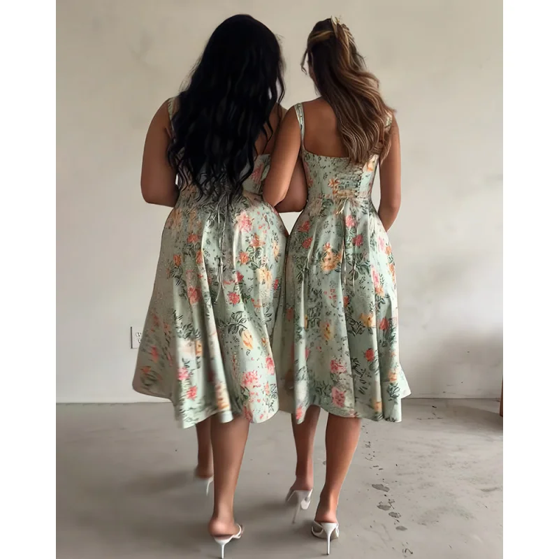 Verão novo elegante cintura-concha emagrecimento vestido longo floral cinta vestido feminino