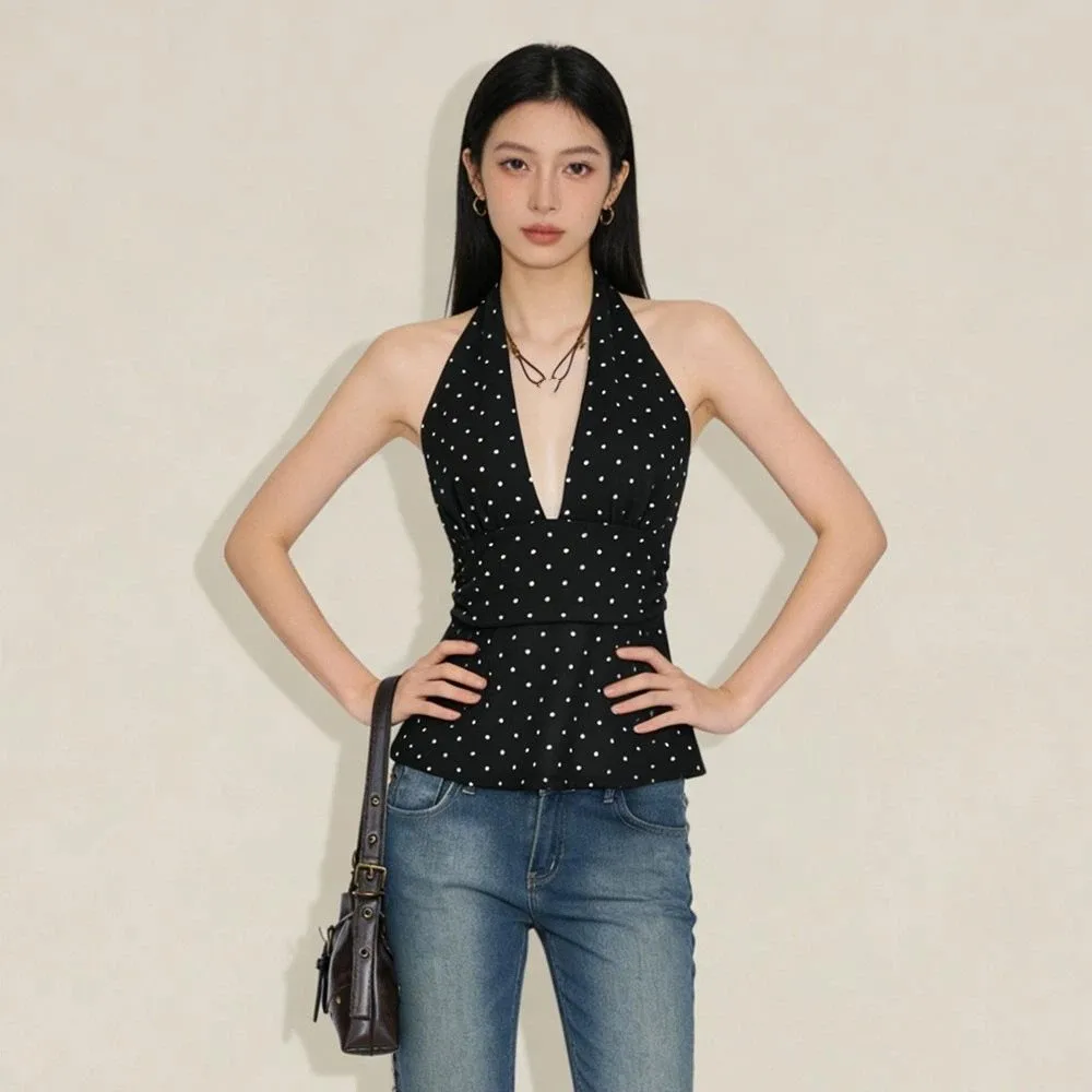 Fashion Sleeveless Women Crop Top Deep V Neck Pleated Halter Ruffle Vest Y2k Beach Wear Hanging Neck Top Girl