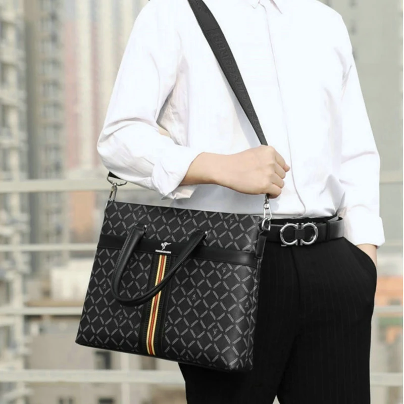 Waterspill proof Man Handbag PU Leather Briefcase Business Commuting Meeting Satchel Formal Shoulder Bag luxury Sense Plaid  Bag