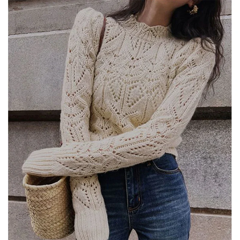 Vintage Cropped Sweater Women Elegant Hollow Out Knitted Pullovers Streetwear Korean Knitwear Spring Office Lady Casual Jumpers