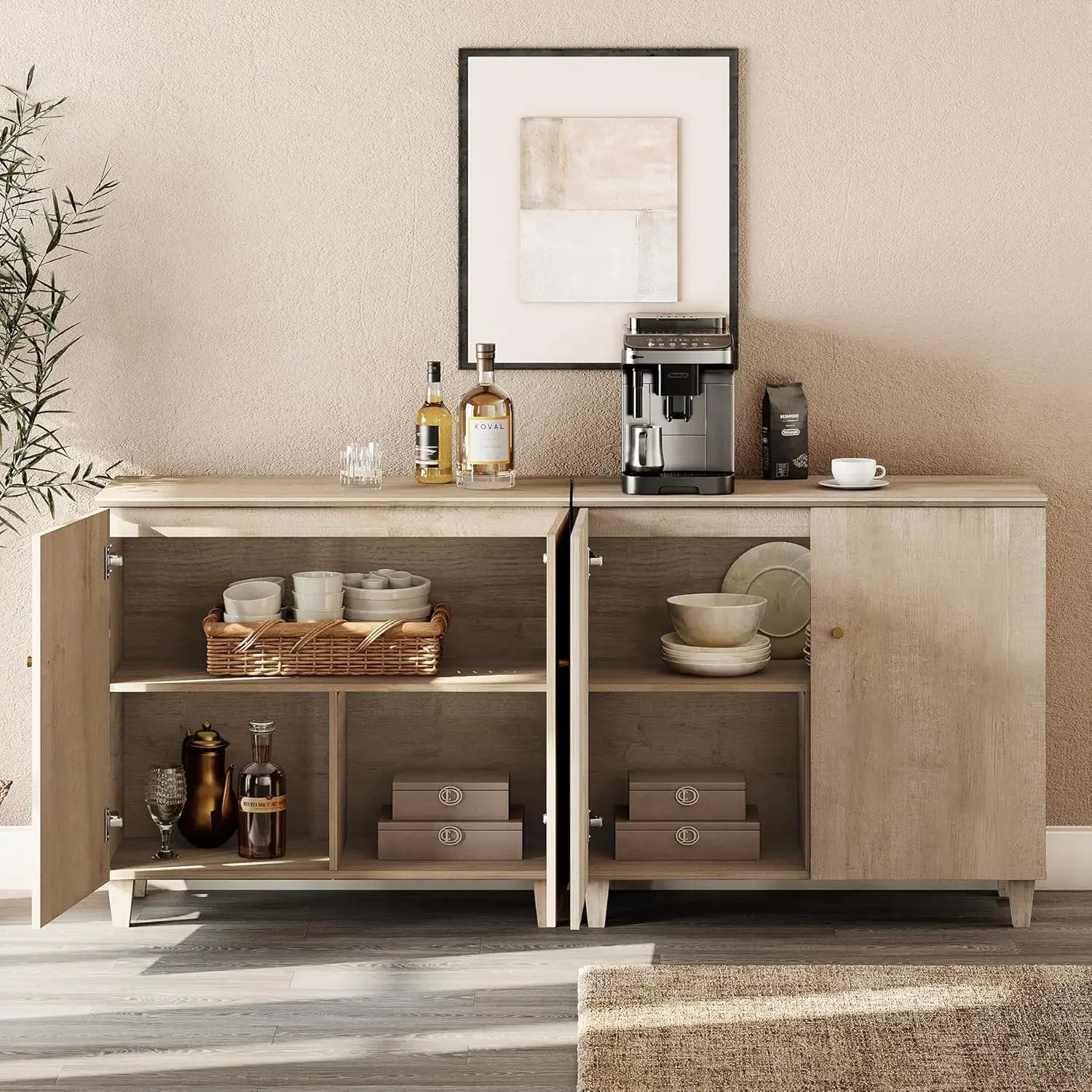 ビュッフェキャビネットサイドボード、幅70.8インチの木製クレデンツァコンソールテーブル、ドア4枚付き、モダンで素朴なキッチンアクセントストレージCの2個セット