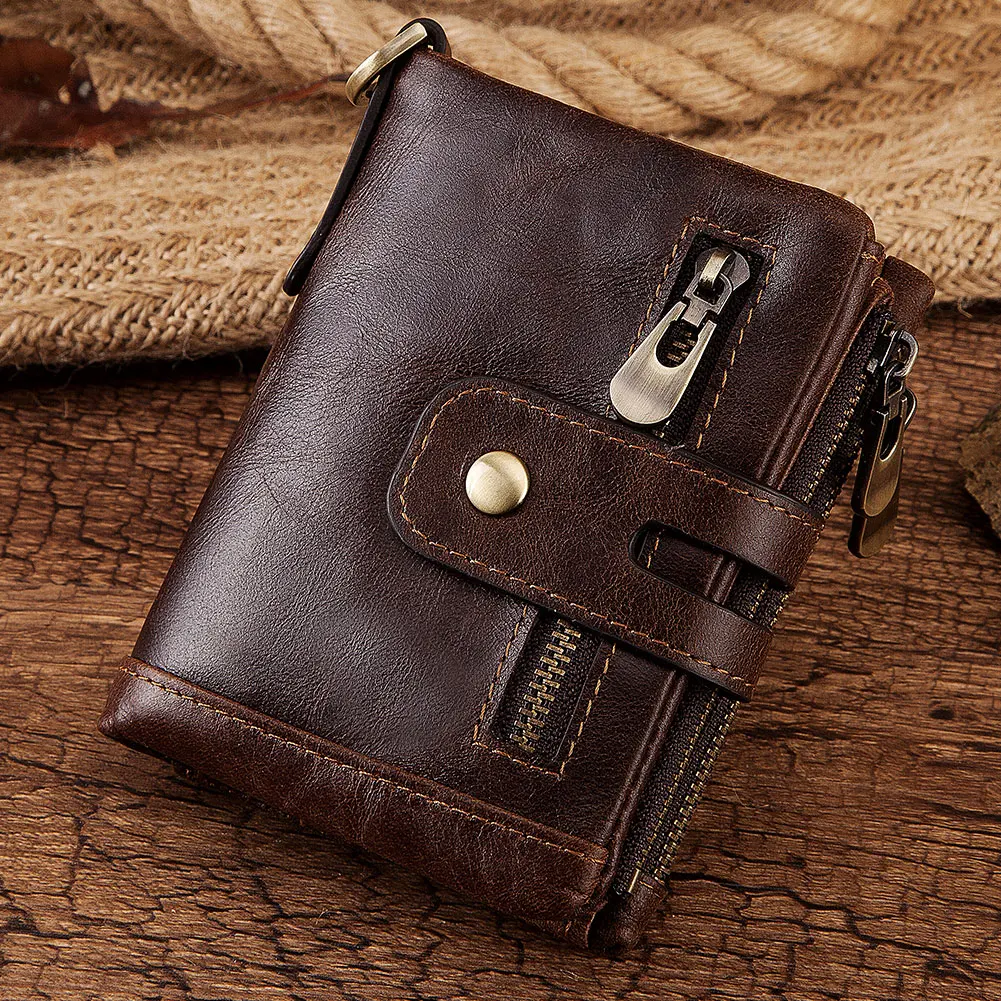 100% Genuine Leather Men Wallet Coin Purse Small Mini Card Holder Chain PORTFOLIO Portomonee Male Walet Pocket Quality