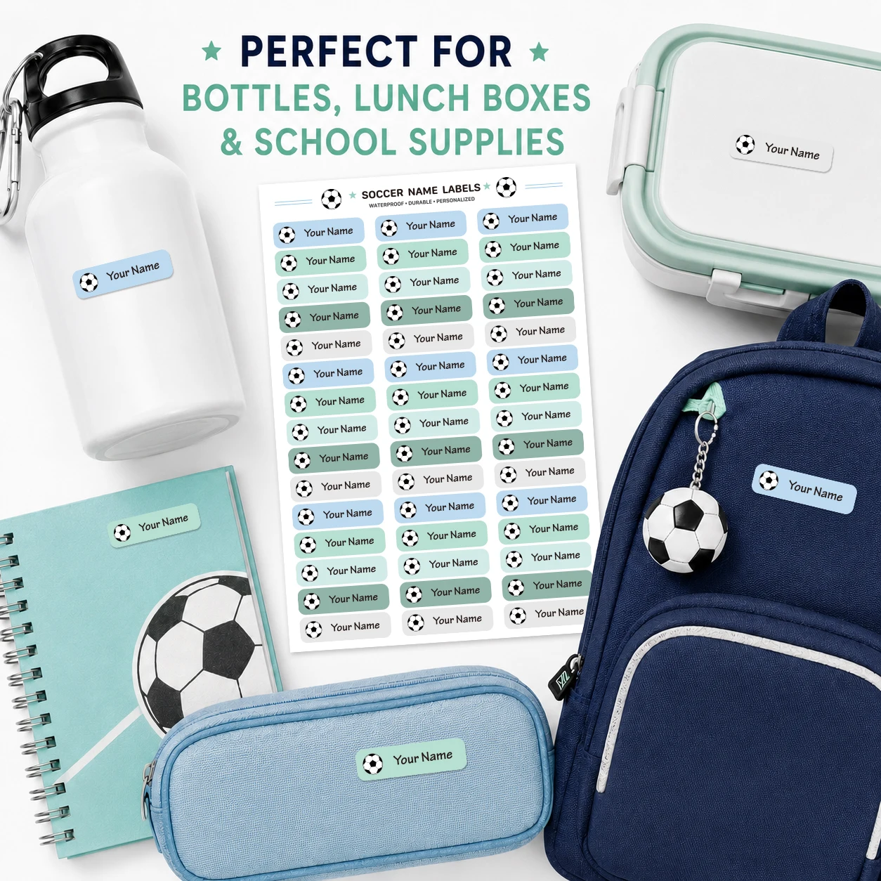 Custom Soccer Name Labels, Waterproof Personalized Stickers, Colorful Tags for Bottles, School Supplies & Sports Gear