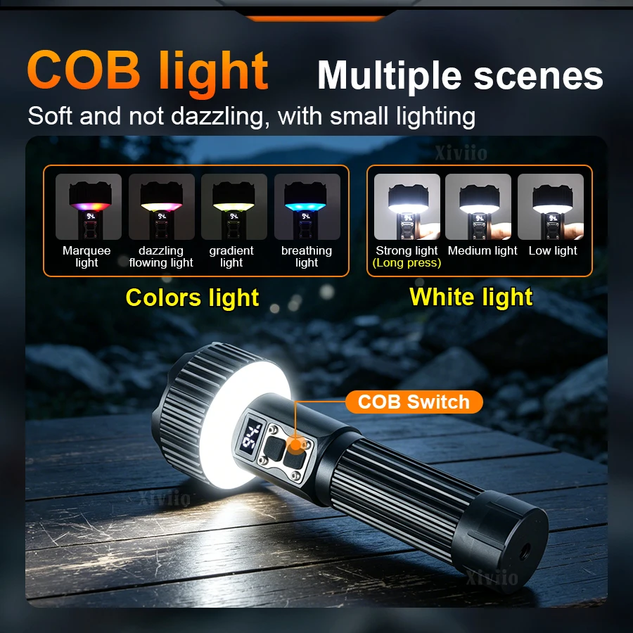 High Power LED Torch 7 Colors RGB Warning Side Light Type‑C Charging Long Distance Flashlight Digital Display Outdoor Camping