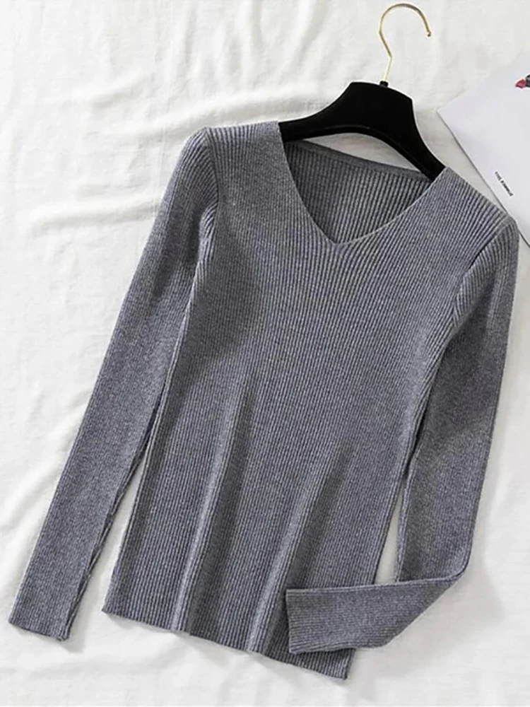 2024 New Women Sweater Autumn Winter Long Sleeve Pullover Basic Top Fashion V-neck Elastic Female Winter Solid Knitted Jumper