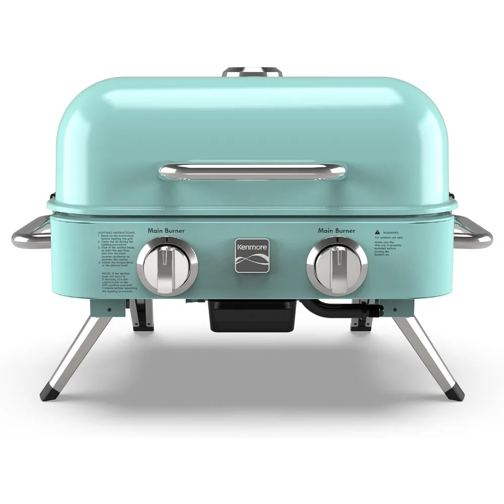 2-Burner Portable Tabletop Retro Gas Grill Comes with Electronic Ignition, Warming Rack, Propane Tank Hose,BBQ Grills