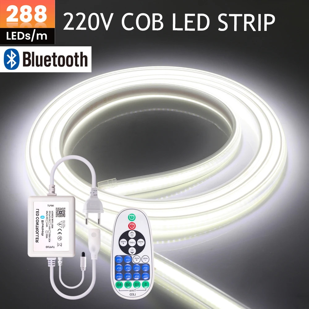 Dimmable COB LED Strip 220V 288Leds/m Bluetooth Remote Control Flexible Ribbon FOB LED Tape Warm Natural Cold White EU Plug Kit