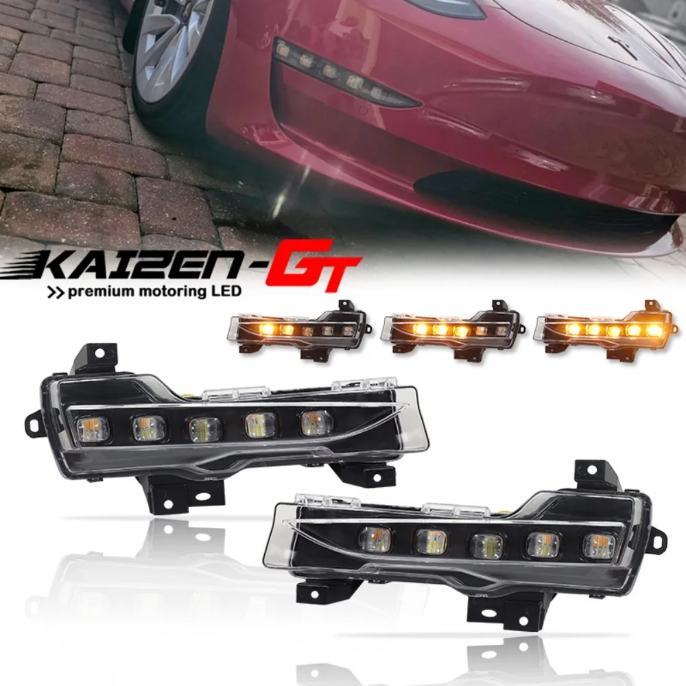 

Dual-color LED Car 5-Dot Style Front Bumper Turn Signal Lights DRL Driving Lights For Tesla Model 3 2017-2023 & Model Y 2020-up