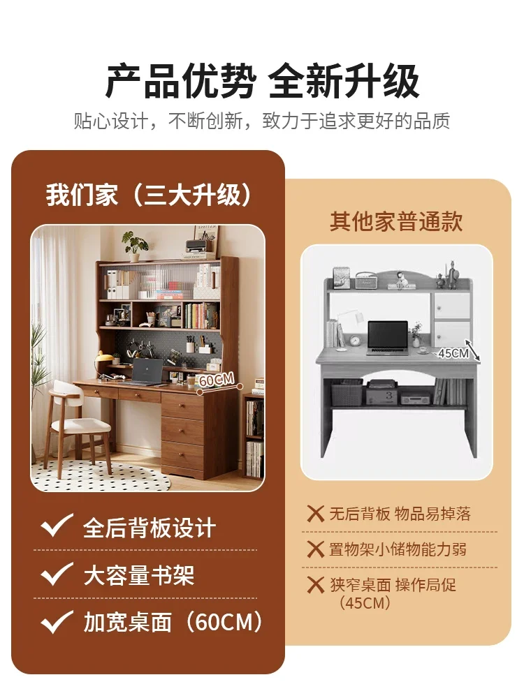 Postmodern Solid Wood Desk, Bookshelf, Integrated Bookcase, Home Study, Student Study Table With Hole Board
