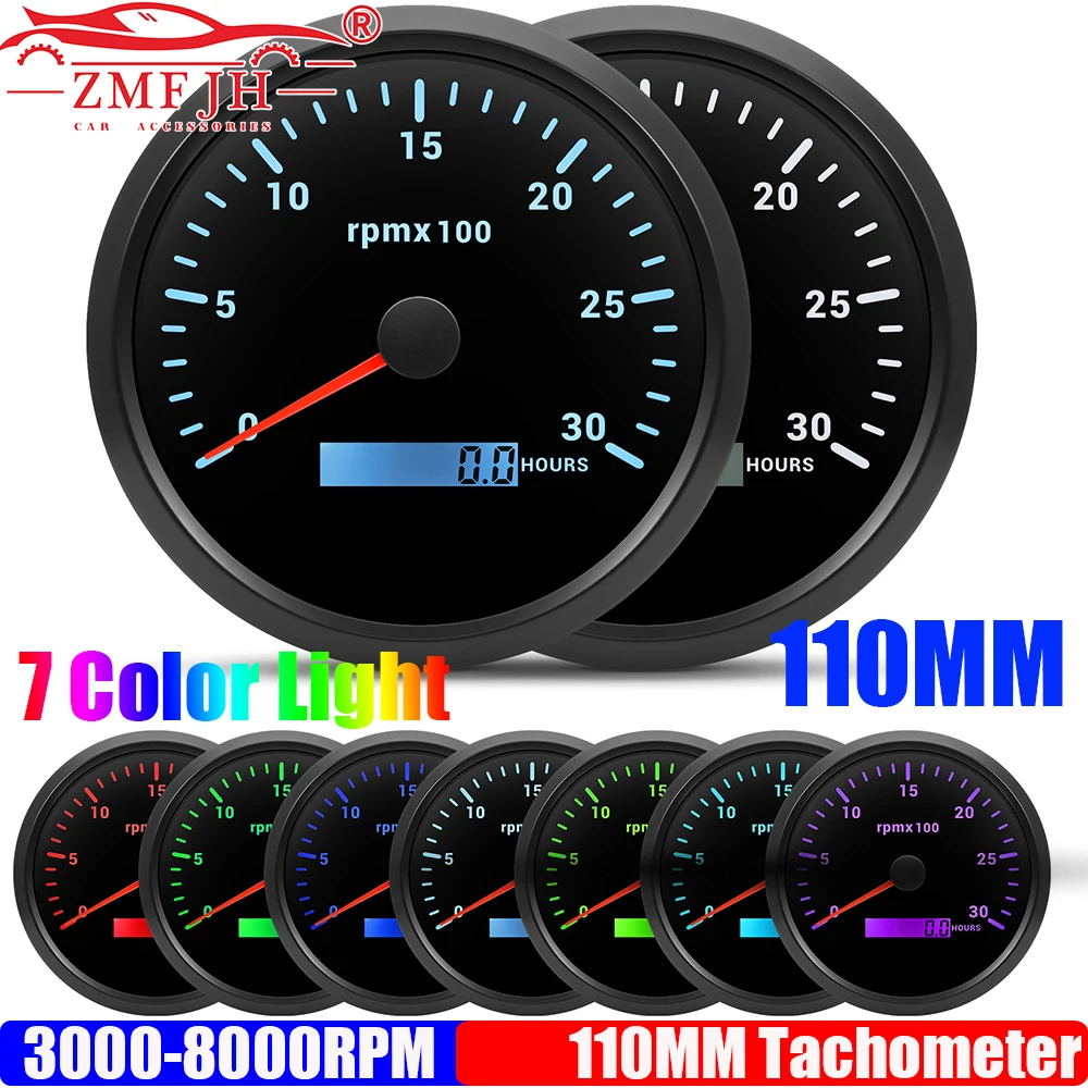 

Тахометр ZMFJH 3000-8000 об/мин, 110 мм, 7 цветов подсветки, для автомобилей, лодок, яхт, мотоциклов, дизельных и бензиновых двигателей, 12В/24В