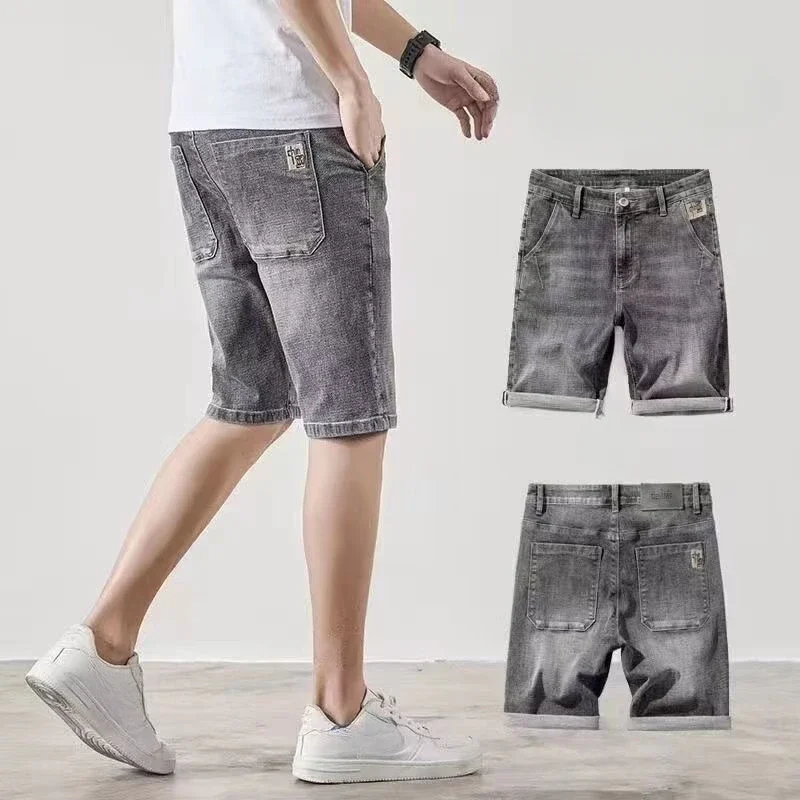 Kurze Jeans Hosen für Männer dünn mit Text schlanke Mann Denim Shorts dünn original xxxl blau Cowboy beliebte Harajuku Stretch Emo xl